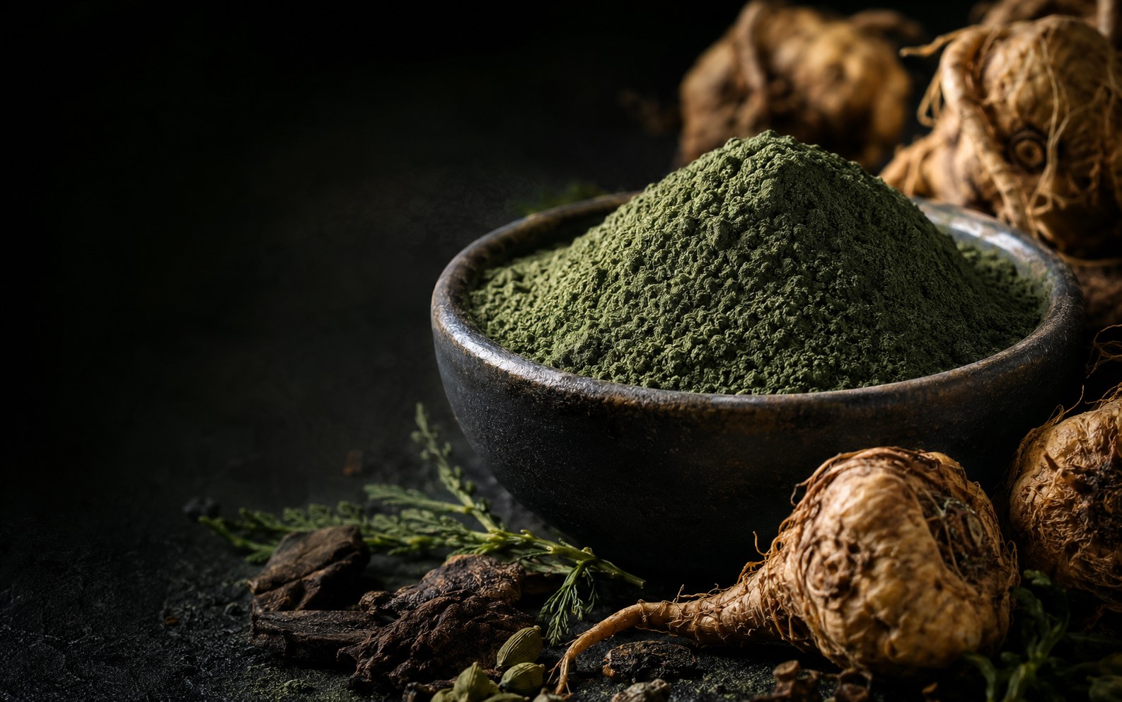 Tazón de superalimento andino en polvo junto a raíces de maca sobre fondo oscuro